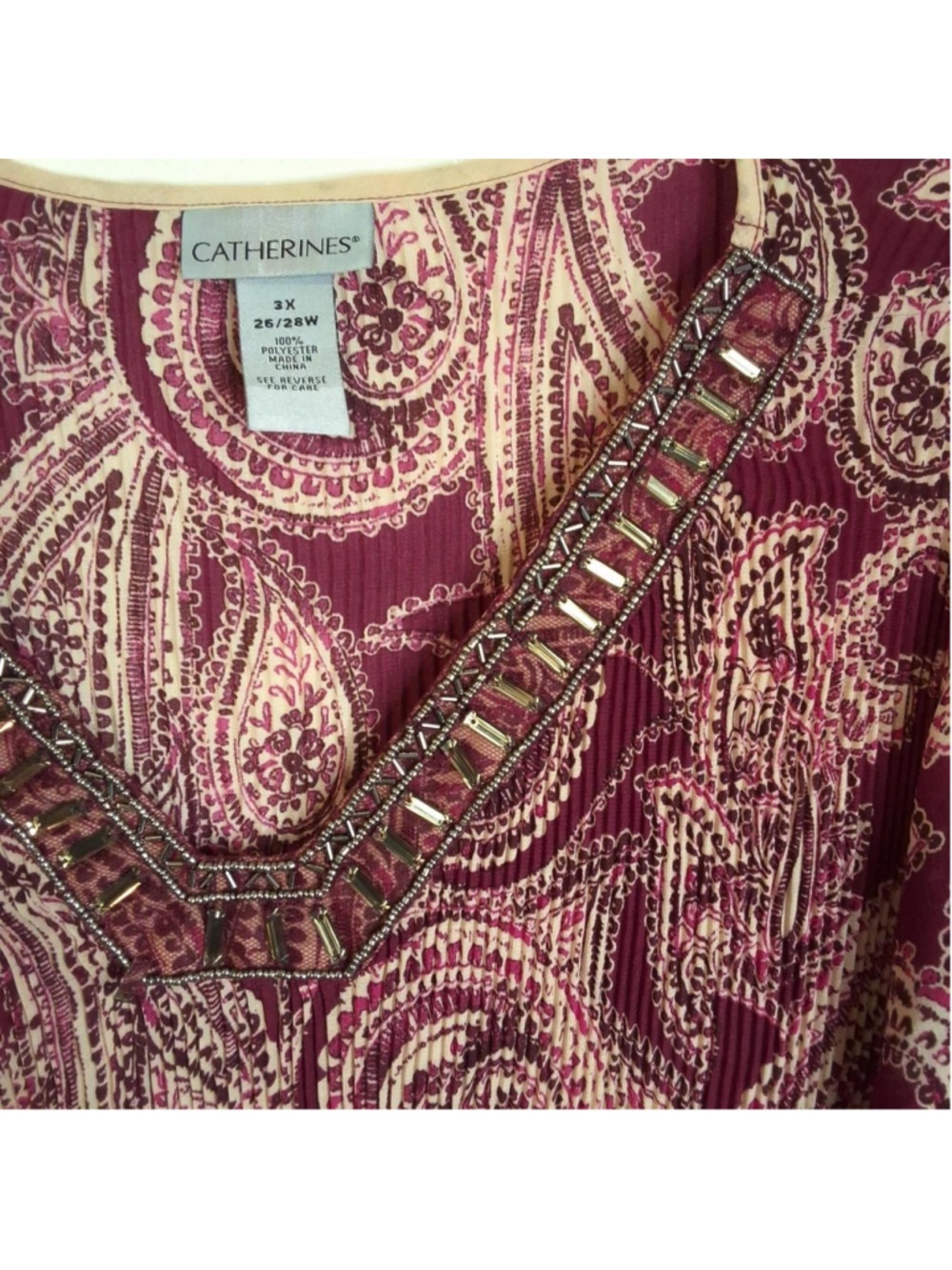 Catherine's burgundy and beige paisley polyester blouse tunic Size 3X - Picture 3 of 7